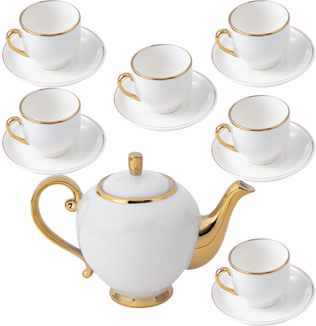 Juego de té de cerámica vintage de 18 piezas, tetera, taza y platillo, juego de tetera de té de la tarde para mujer (18, cordón dorado)