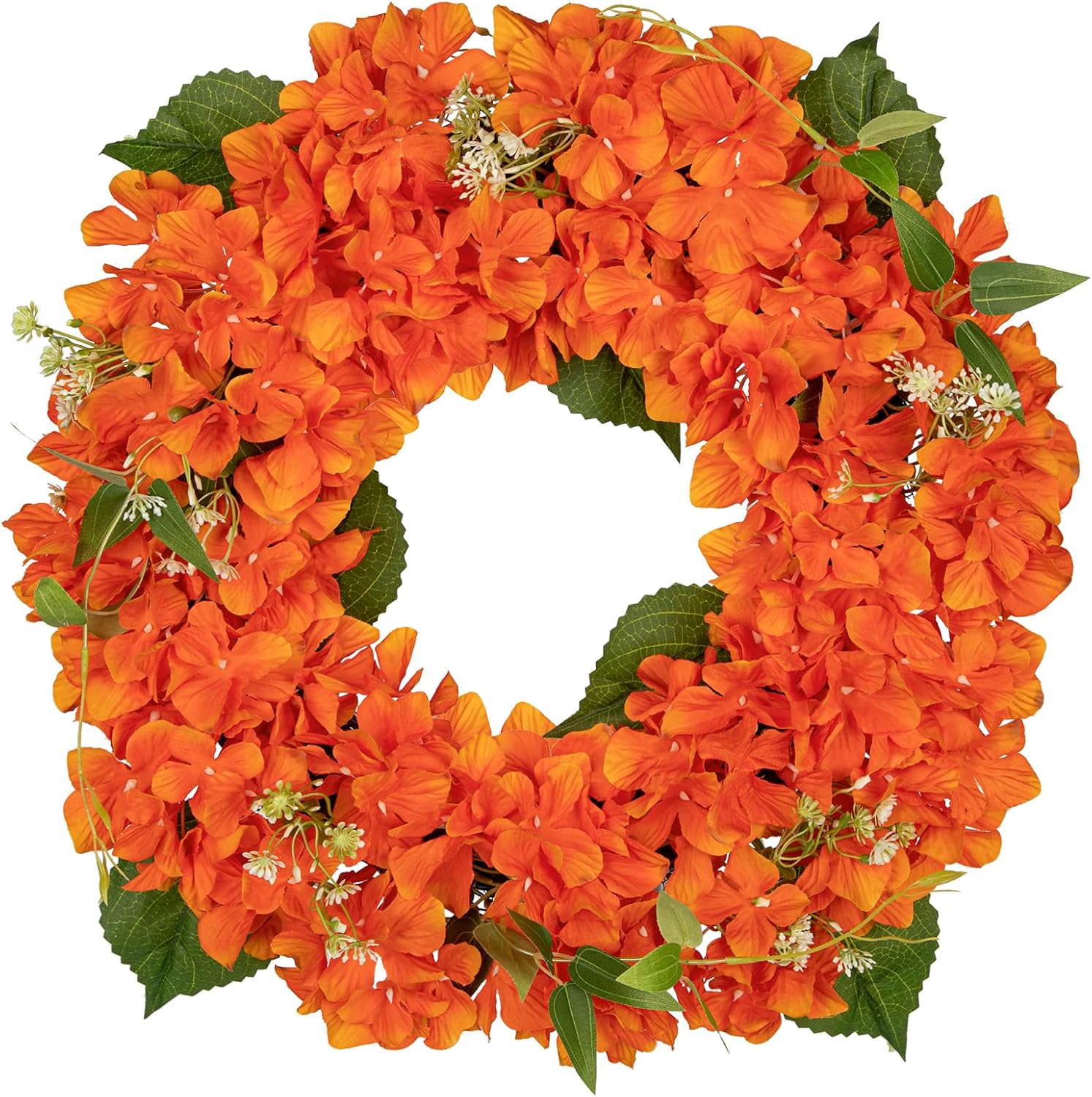 Corona de hortensias artificiales Hollyone de 51 cm para decoración otoñal, corona de flores falsas para puerta, decoración de hortensias de imitación beige, rojas y naranjas para puerta de entrada, abrigo, pared y decoración rústica.