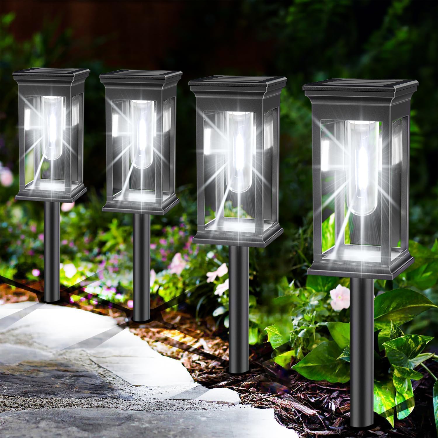 Set de 8 lámparas solares para jardín exterior, con protección IP65. Panel solar de 2V/0,3W y batería AA Ni-MH de 800 mAh. Emite luz cálida, se enciende automáticamente al anochecer. Fácil instalación