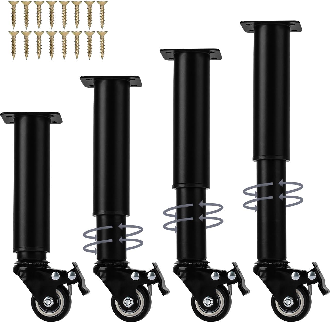 Btowin VCF - Patas de metal ajustables para muebles (31-45 cm, con ruedas), 4 piezas, altura ajustable, cónicas, de repuesto, para armario, cama, sofá, mesita de noche