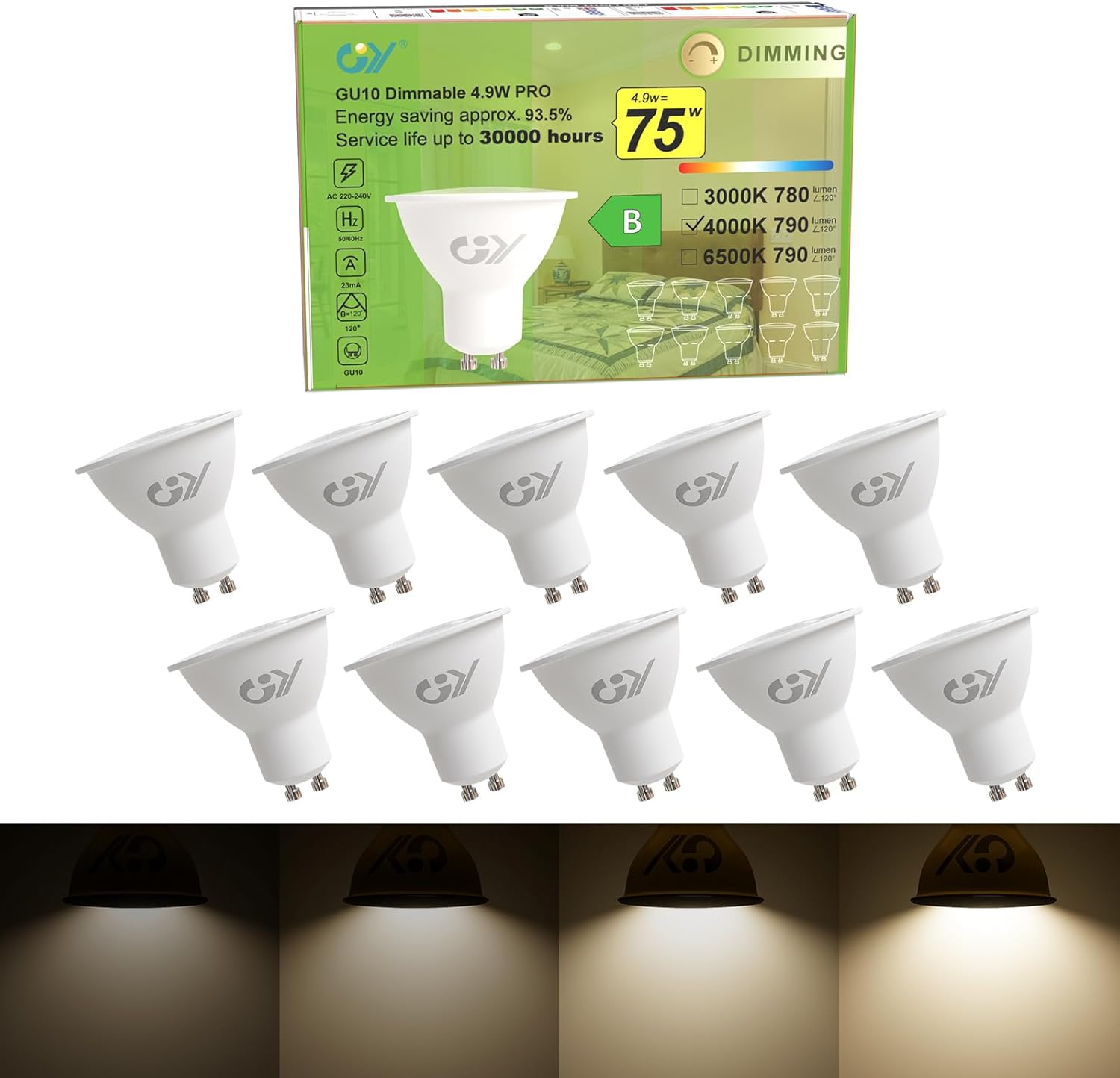 Bombillas LED GU10 regulables GY, 4,9 W (equivalente a 75 W), 790 lm, luz natural de 4000 K, ahorro de energía, foco LED GU10, 10 unidades