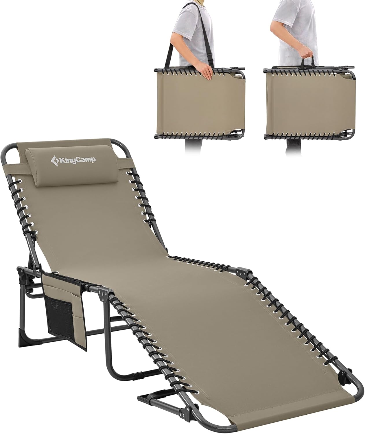 Tumbona plegable extragrande KingCamp, ajustable en 5 posiciones, de tres patas, para camping, con reposacabezas y bolsillo lateral, soporta hasta 200 kg, para jardín, vacaciones, playa y piscina, 200 x 68 cm