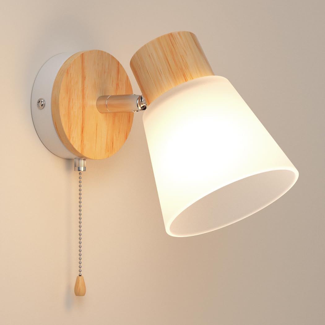 Aplique de pared Martll con interruptor, lámpara de pared interior E27, lámpara LED retro vintage de madera con pantalla de cristal para salón, dormitorio, iluminación de pared, luz de noche (1 pieza)