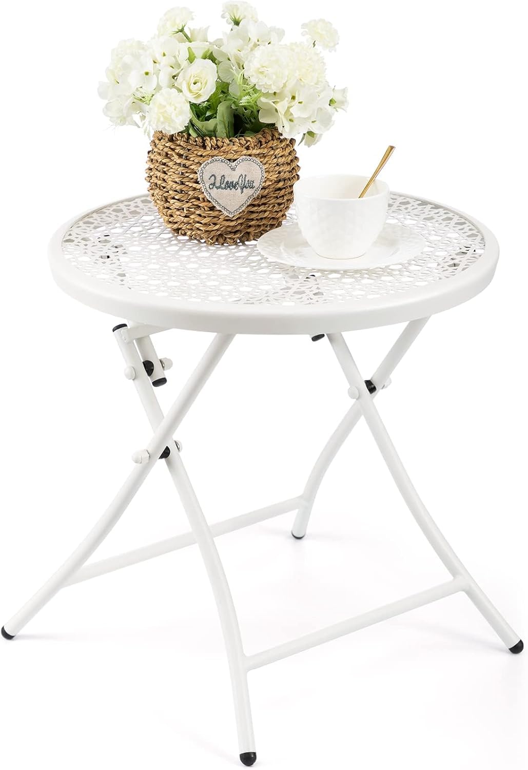 Mesa auxiliar plegable para exteriores TeoKJ, mesa pequeña de patio resistente a la corrosión, mesa auxiliar redonda de metal con recortes de flores para jardín, balcón, terraza o césped, blanca