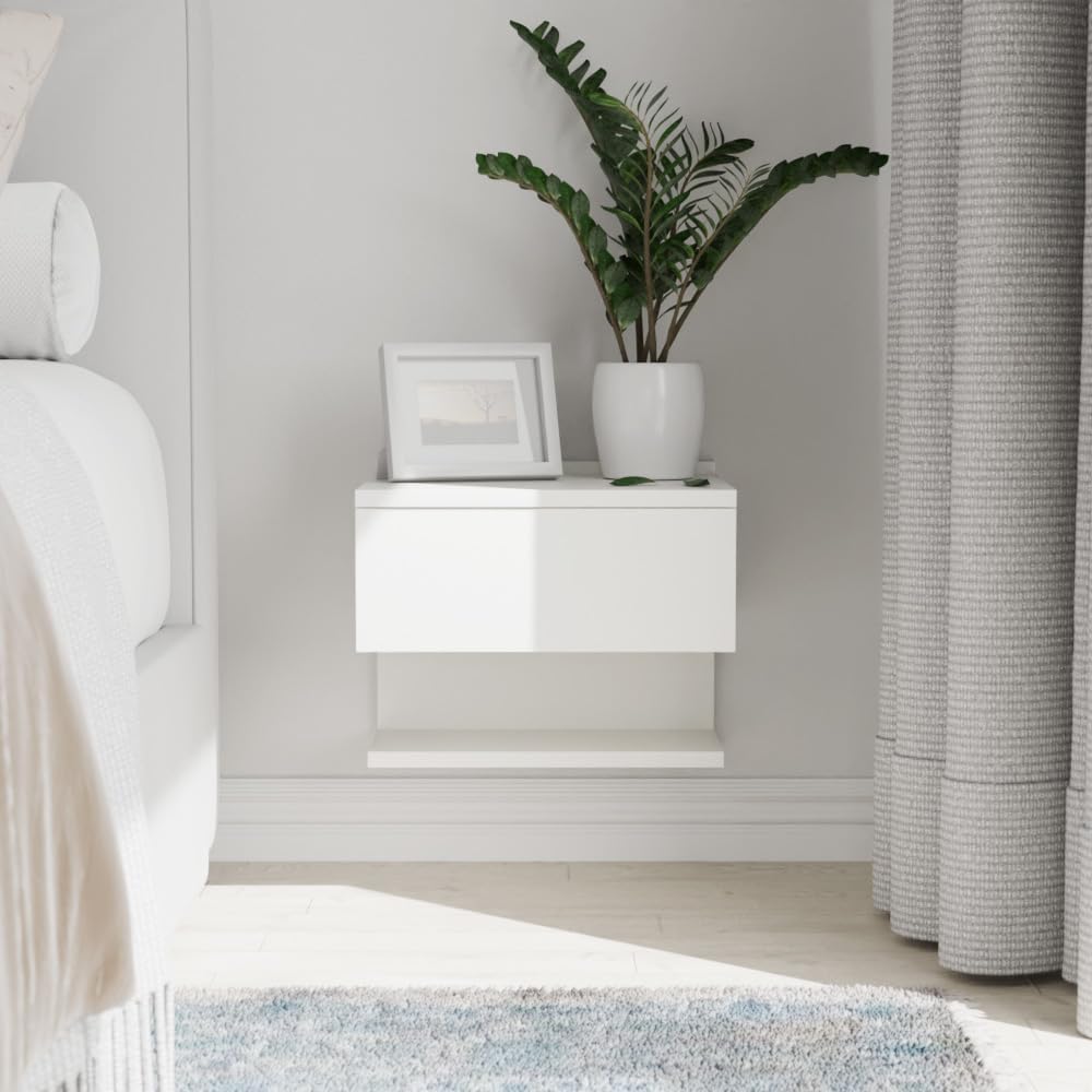 ComfortCove Mesita de Noche de Pared, Cajonera, Estante Colgando para Dormitorios, Mesa de Pared Delgada con Estante de Almacenamiento, Blanco. Tamaño: W35 x H30 x D31,6 cm