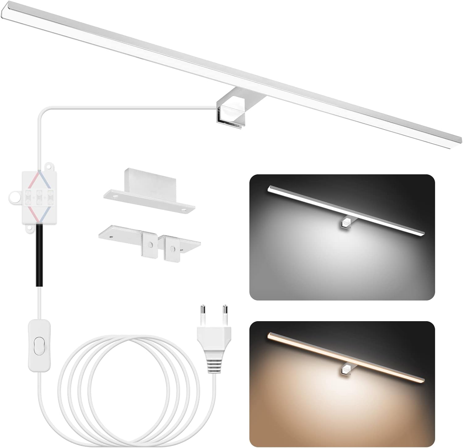 Lámpara LED de 18W con 2000 lúmenes, temperatura dual 4000K/6000K, diseño impermeable IP44. Fabricada en aleación de aluminio y acrílico, longitud 80cm. Instalación versátil y fácil con accesorios inc