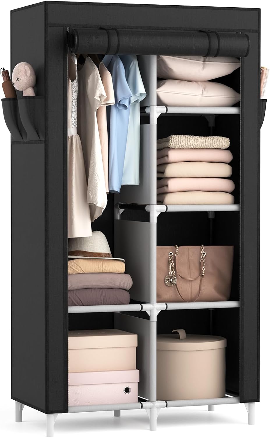 Vicye Armario, Armario de Tela Portátil con Barra para Ropa, 6 Estantes, 4 Bolsillos Laterales y Tapa, Armario Estable para Dormitorio Vestidor (Negro, 84 x 42 x 162 cm)