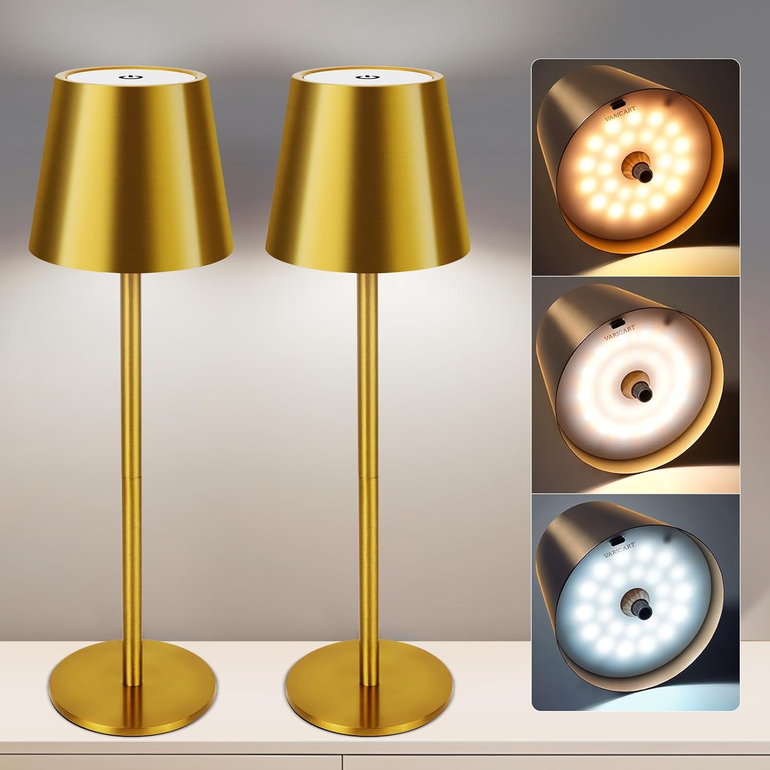 VARICART 2 lámparas LED de mesa con batería, USB-C inalámbrica Lamparas de Mesa con 3 Temperaturas de Color Ajuste Tactil,5000mAh, IP54 resistente al agua, Adecuada para Interior,Exterior, oro
