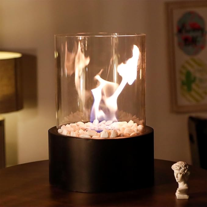Brasero de mesa JHY DESIGN de ​​28 cm (alto), chimenea portátil de sobremesa - Chimenea de bioetanol sin ventilación de combustión limpia para patios interiores y exteriores (negro)