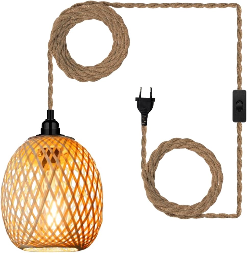 Lámpara colgante EcoGehen con pantalla y enchufe, lámpara colgante de exterior, lámpara de techo de ratán bohemio, lámpara de techo decorativa de bambú, lámpara de mesa de comedor, lámpara colgante, cable de 4,5 m para dormitorio