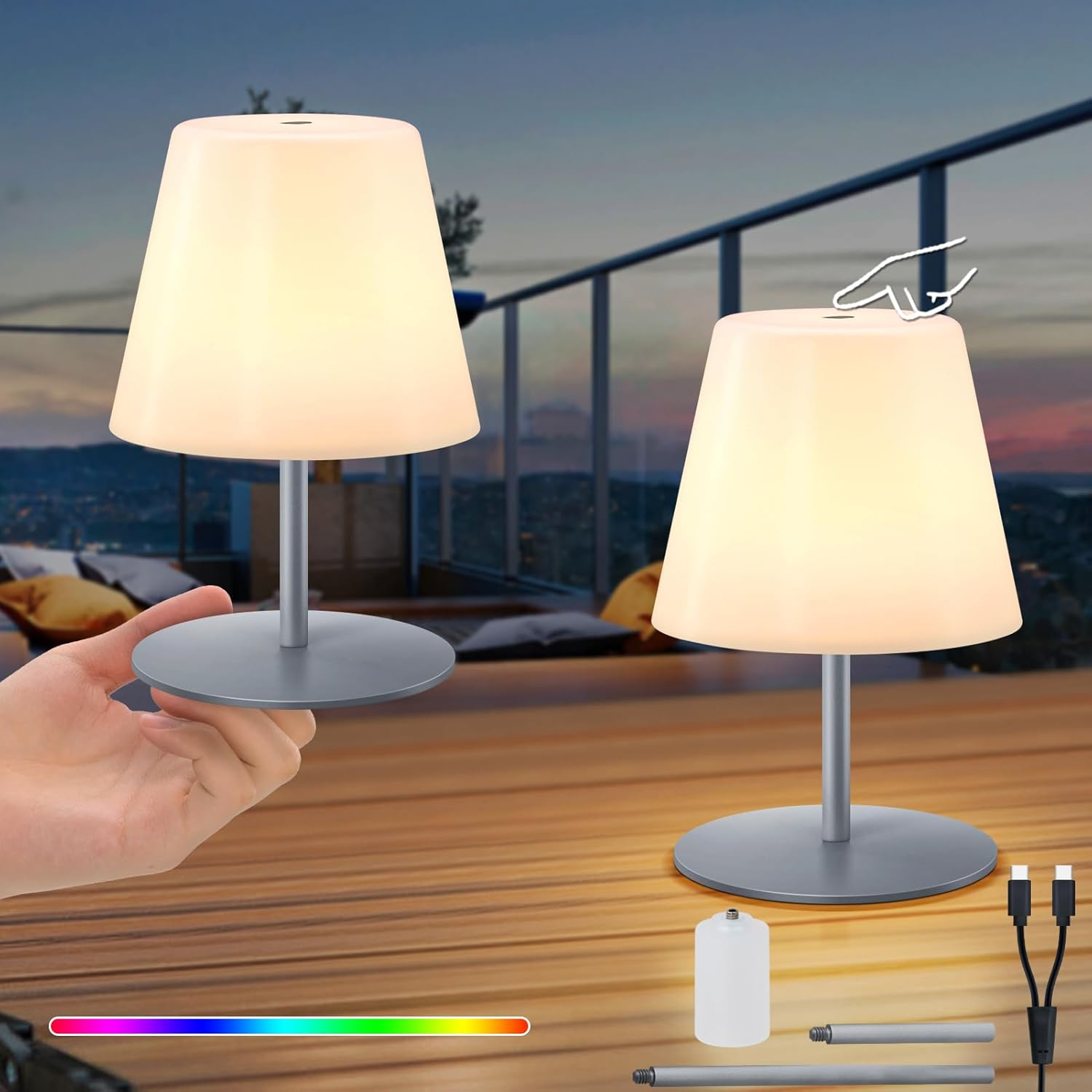 RWWR - Pack de 2 minilámparas de mesa inalámbricas, regulables en blanco cálido y 7 colores, con batería recargable tipo C, para exteriores, dormitorio, balcón, patio y terraza (plateadas, interruptor táctil)