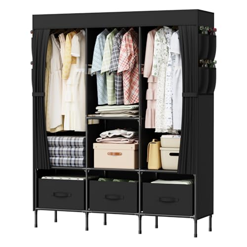 Armario LOEFME, 130 x 45 x 175 cm, armario de tela resistente con bolsillos laterales, armario plegable para dormitorio y vestidor, negro