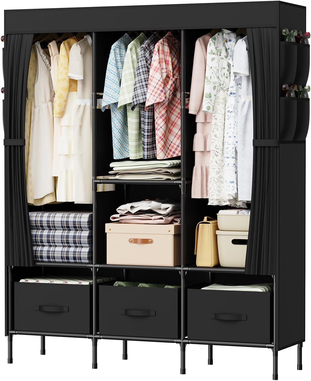 Armario LOEFME, 130 x 45 x 175 cm, armario de tela resistente con bolsillos laterales, armario plegable para dormitorio y vestidor, negro