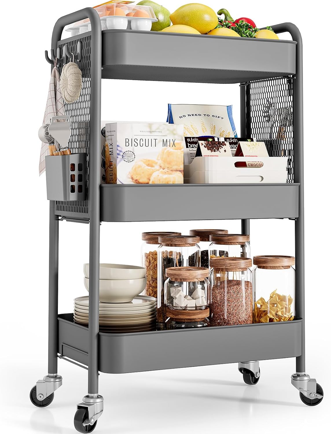 Carrito de almacenamiento multiusos Urackify para diversas aplicaciones: carrito rodante de metal de 3 niveles con tableros perforados, cestas y ganchos para bricolaje para almacenamiento adicional en la cocina, el baño, la oficina, el aula y