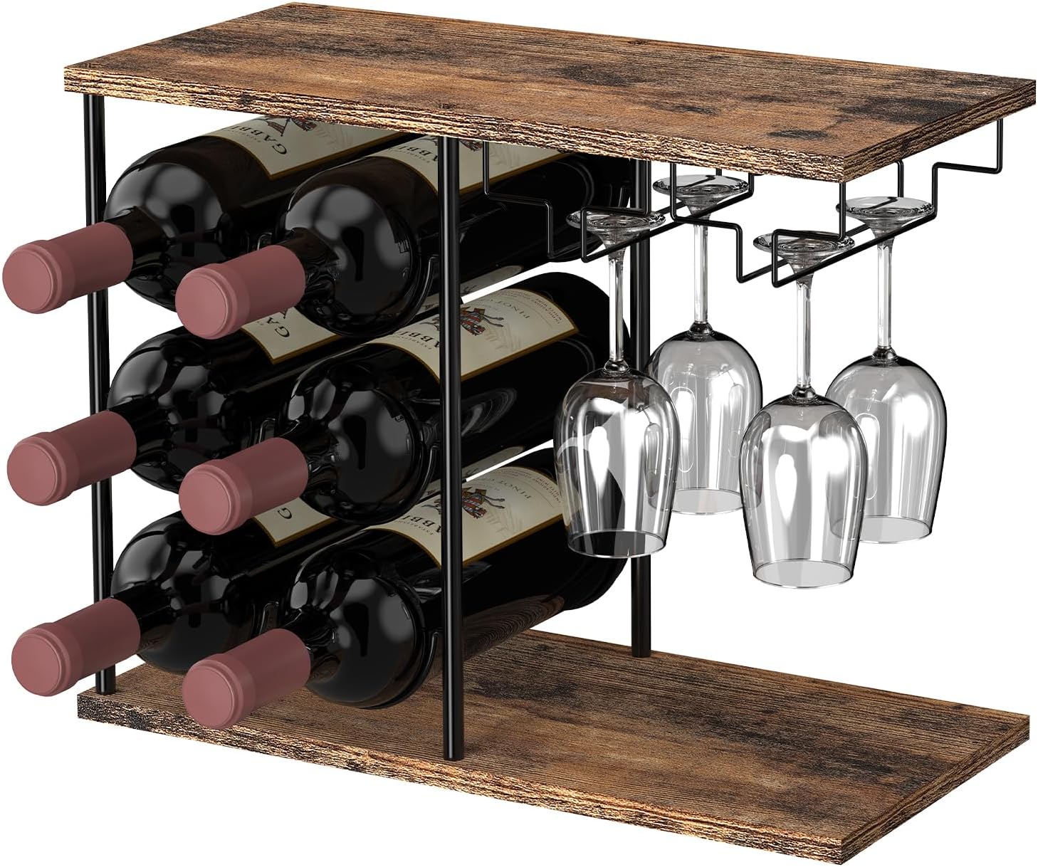 Botellero para 6 botellas, botellero con 3 estantes, soporte metálico vintage para copas, botellero independiente para cocina, bar, comedor, sala de estar, marrón y negro vintage.