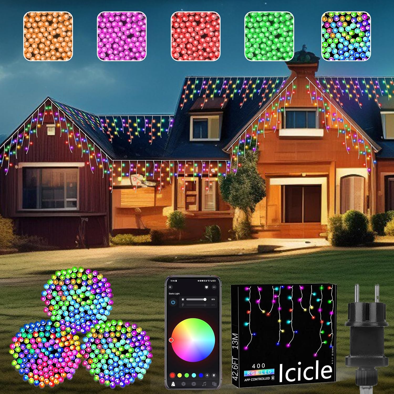Guirnalda de luces Icicle de 13 m, luces LED para exteriores, 400 LED RGB, 16 millones de colores, luces navideñas LED inteligentes con control por aplicación para sala de estar y hogar, decoración navideña, guirnalda de luces para exteriores