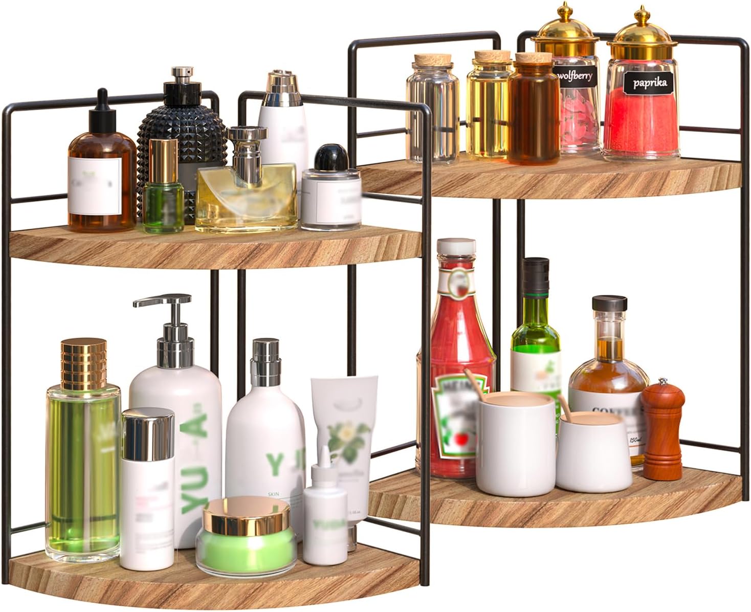 OCPO HOME - Organizador de encimera para baño (2 unidades), organizador de esquina para baño, estante de esquina de pie, organizador de cosméticos de 2 niveles, estante de esquina de madera para dormitorio y cocina (marrón)