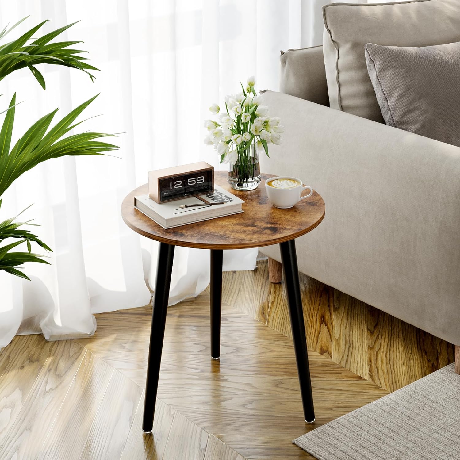 Mesa auxiliar redonda de madera APICIZON - Pequeña, estilo escandinavo, marrón vintage, 42 x 42 x 51 cm, fácil de montar para salón, dormitorio, balcón y cuarto de flores.