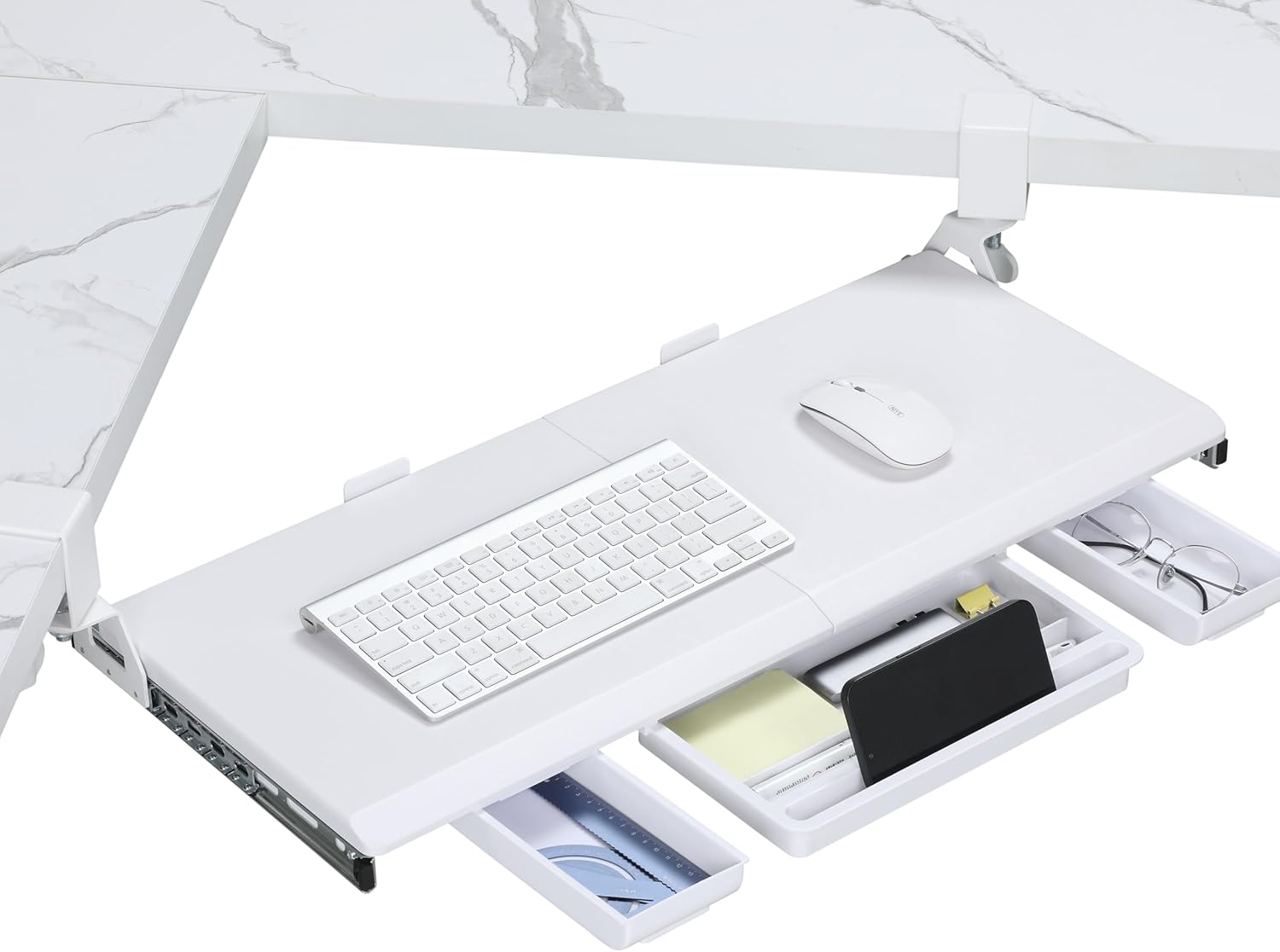 Bandeja para teclado ETHU de 680 x 300 mm, extensible con abrazadera en C ajustable a 180° para escritorios en forma de L, soporte para teclado de ordenador para el hogar y la oficina, color blanco