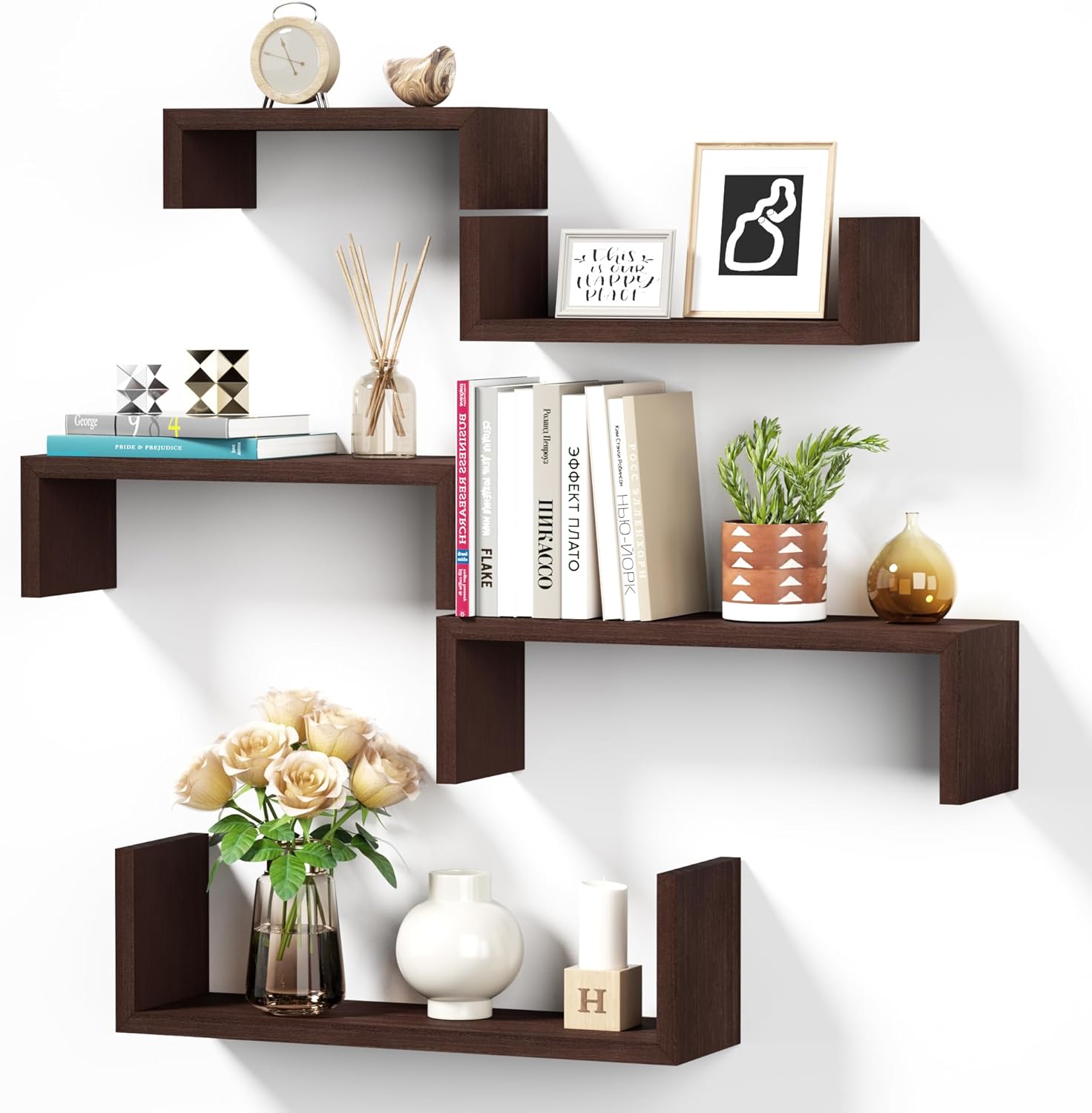 SRIWATANA Estante de pared marrón 5 piezas, estante de pared de madera, estantes flotantes máx. Estante de pared decorativo con capacidad de 40 kg, ideal para sala de estar, baño, dormitorio, oficina 
