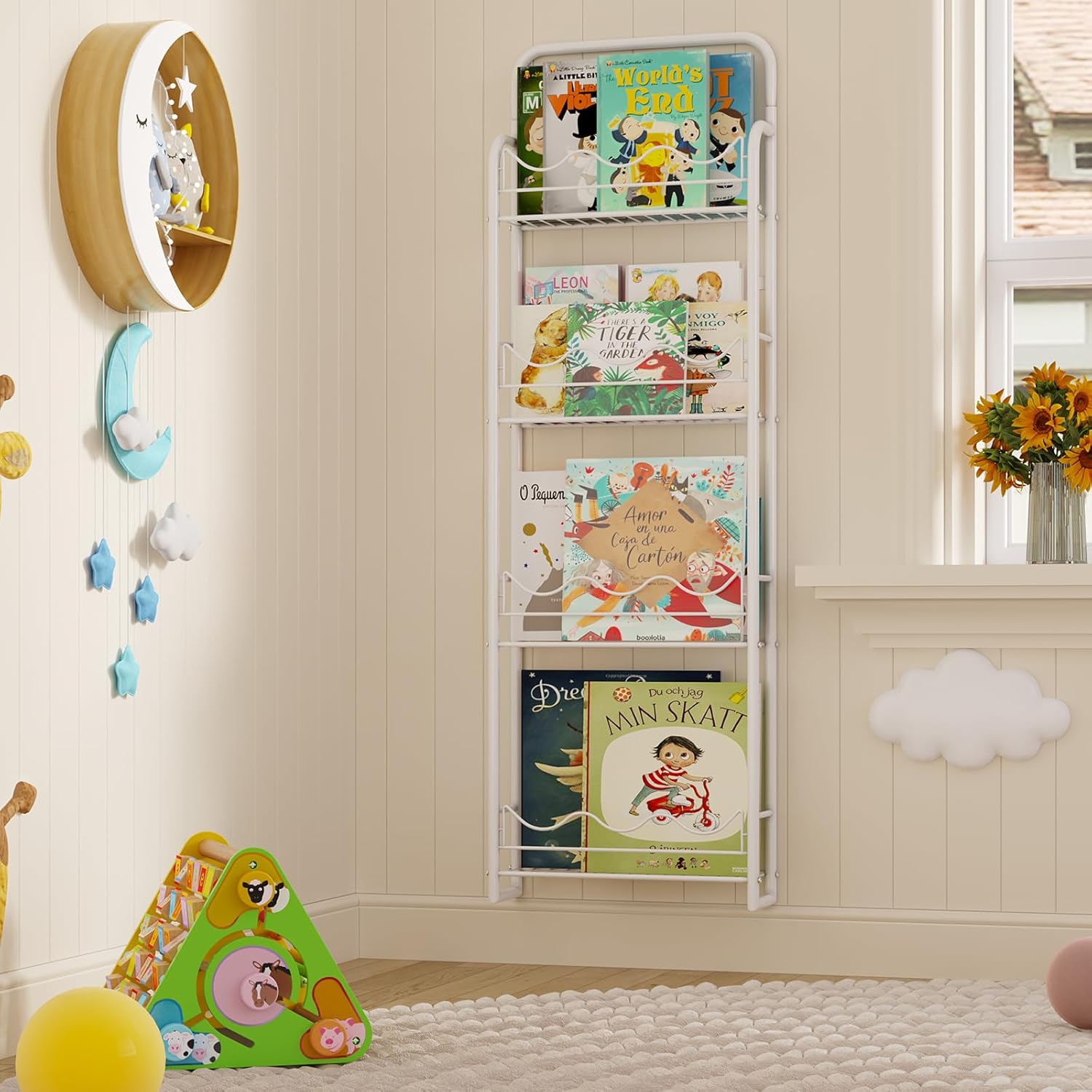 BBLIKE Estantería de pared para niños, estantería de 4 niveles, estantería de almacenamiento para niños, estantería de pared con ondas blancas, organizador de metal para libros, dormitorio de niños,