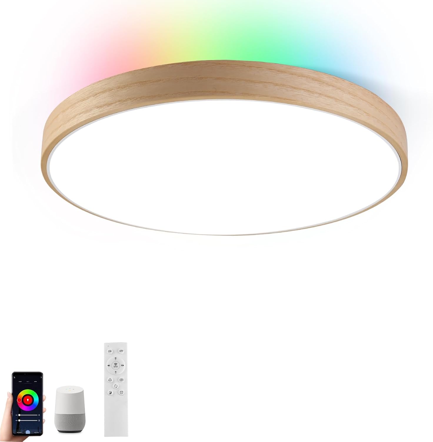 Lámpara de techo LED inteligente con WiFi, regulable, con Alexa y Google Home, 12 pulgadas, 28 W, RGB, con cambio de color y control remoto, luz de madera natural para dormitorio.