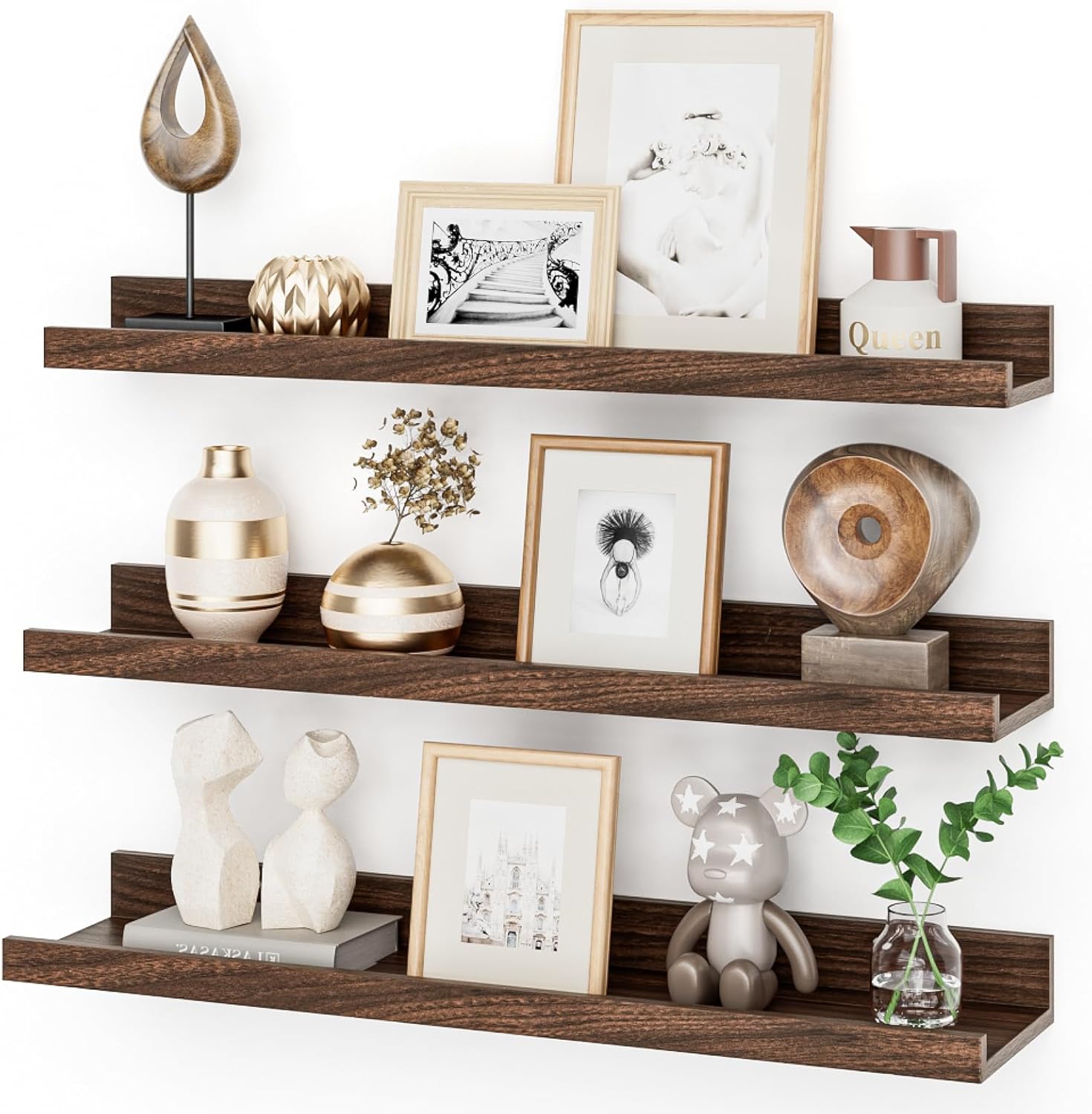 Estantería de pared Feihorrm, estante flotante de madera MDF, juego de 3, tablero de pared de 60 cm para marcos de fotos y decoración, diseño industrial, ideal para estudio, sala de estar y cocina. (Marrón vintage, 60 cm)