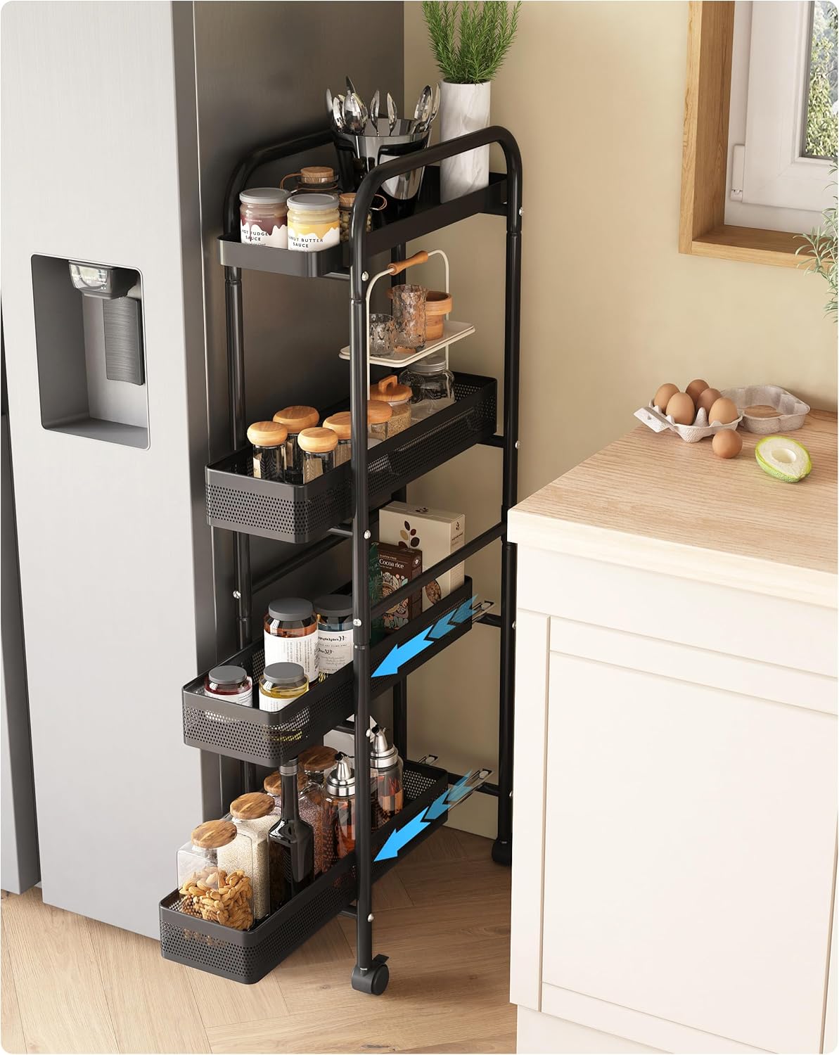 Carrito de cocina metálico UMDONX, estrecho con cajones extraíbles, carrito para nichos, carrito rodante, 4 niveles, estante para nichos con ruedas para espacios pequeños, cocina, sala de estar, estudio, baño (negro)