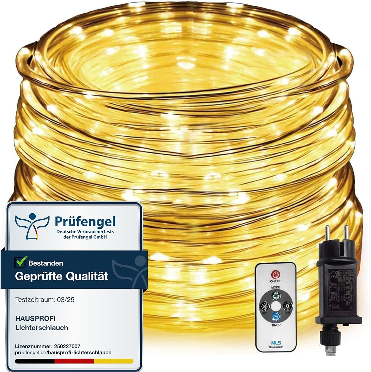 Tubo de luz exterior HAUSPROFI de 50 m y 1000 LED, con alimentación de red, blanco cálido, IP44 resistente al agua y regulable con mando a distancia, ideal para iluminación de jardín, balcón y Navidad, Ø5 mm.