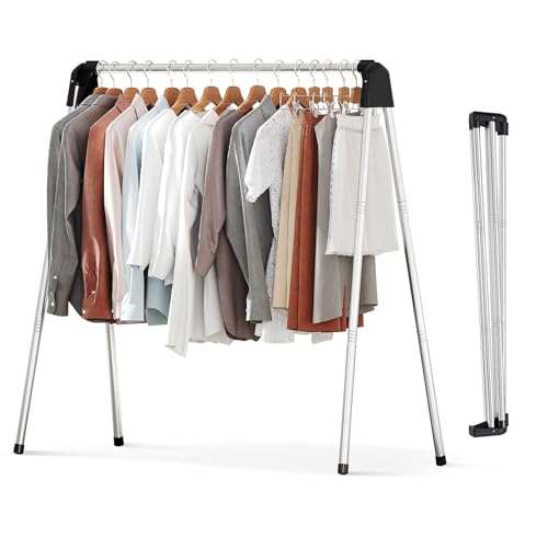 Tendedero plegable SYKIARIOL de acero inoxidable, 140 cm de altura. Gran capacidad de secado, diseño ligero y portátil, fácil de montar y almacenar (dimensiones plegado: 141,5 x 11,5 cm). Construcción duradera y resistente a la corrosión. Ideal para uso interior y exterior con protecciones en los pies para evitar arañazos en el suelo.
