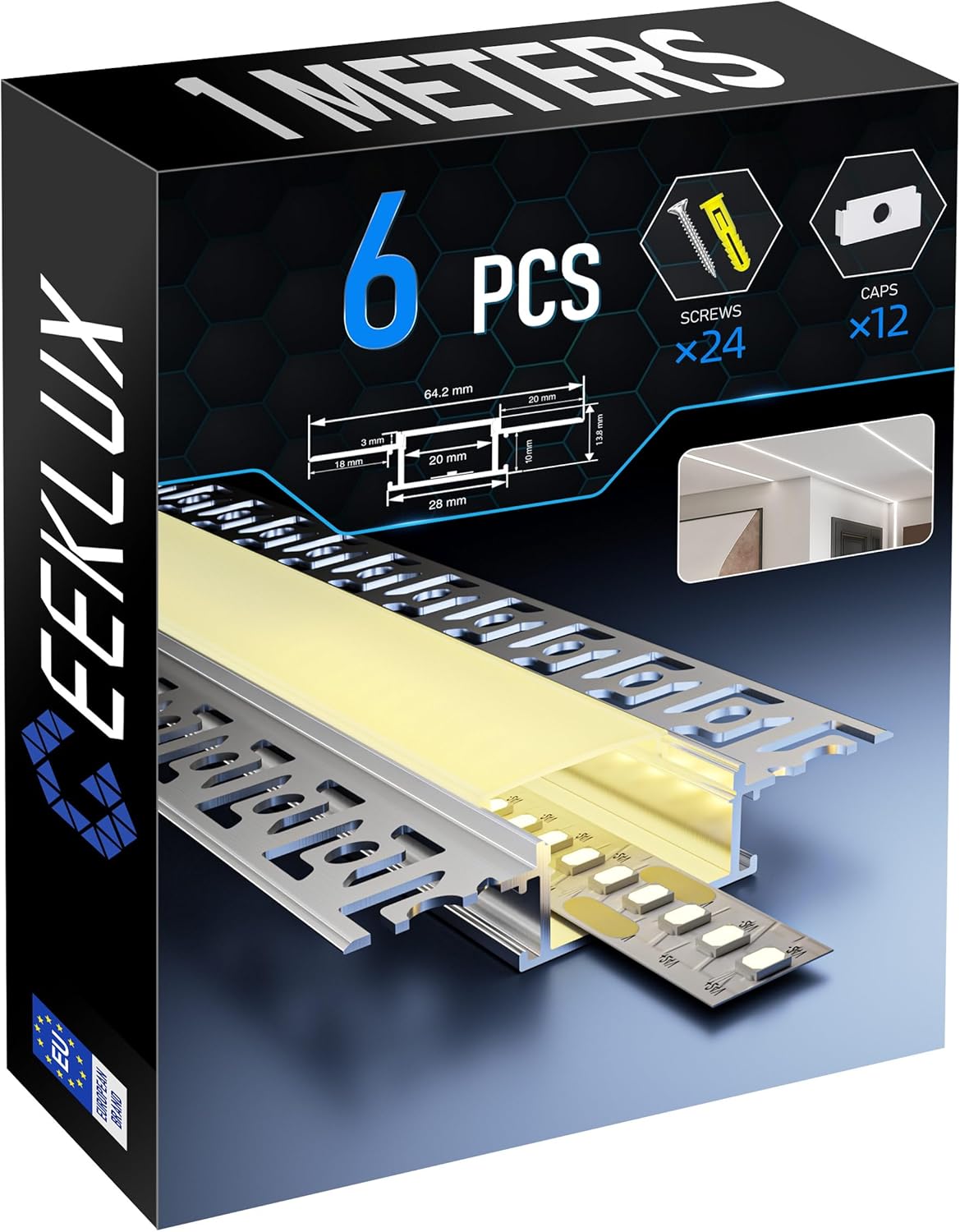 Perfil LED para pladur, 1 m, 6 unidades, carril/canal para tira LED con difusor LED blanco opal, perfil de aluminio para una luz uniforme, apto para tiras LED de hasta 20 mm, dimensiones 64,2 × 13,8 mm (SA01, 1 m, 6 unidades)