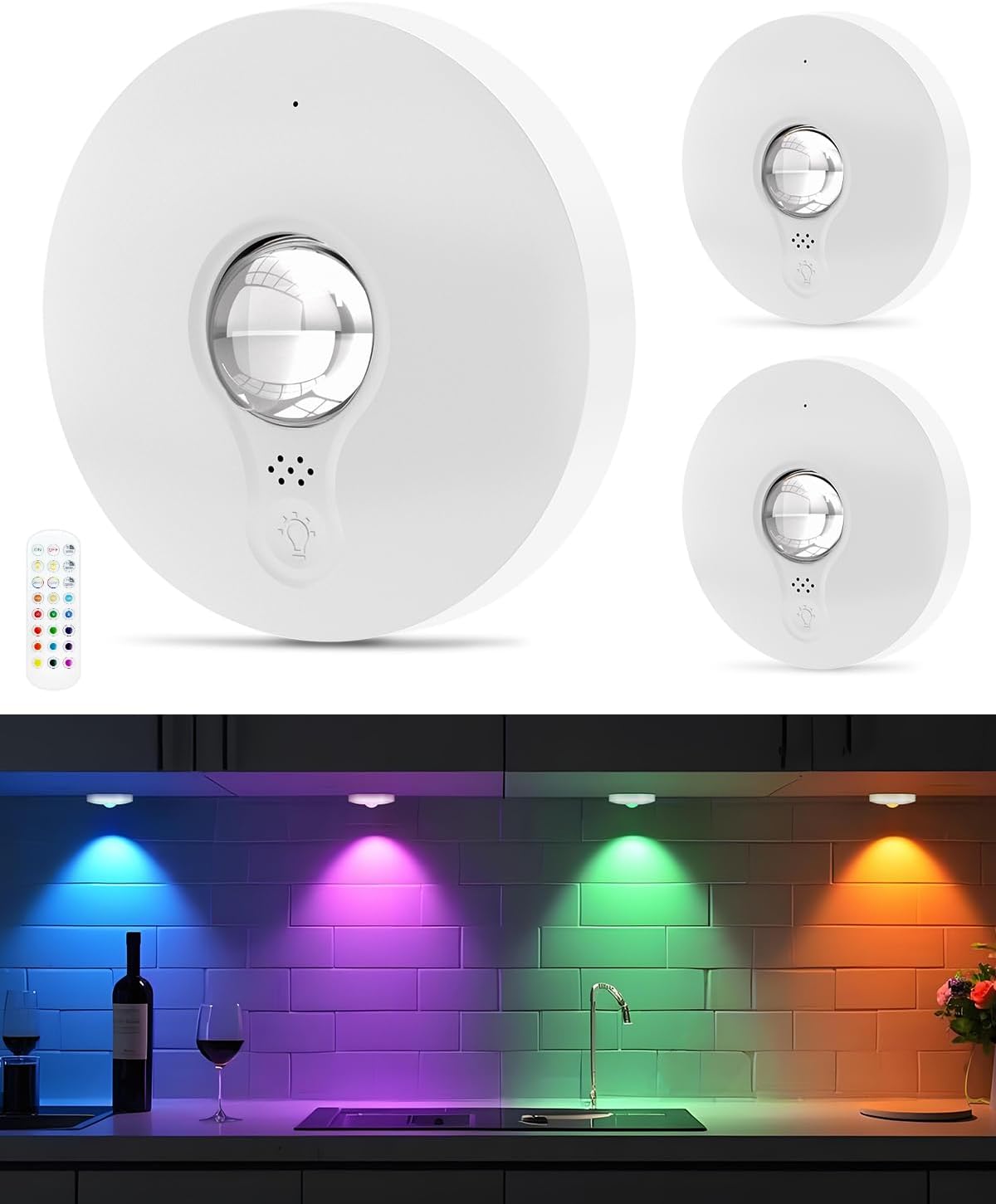 Focos LED RGB WUYOR recargables por USB con control remoto, luces LED que cambian de color para debajo de los gabinetes, iluminación LED magnética regulable a batería, iluminación inalámbrica para vitrinas con temporizador, blanco, 6 unidades