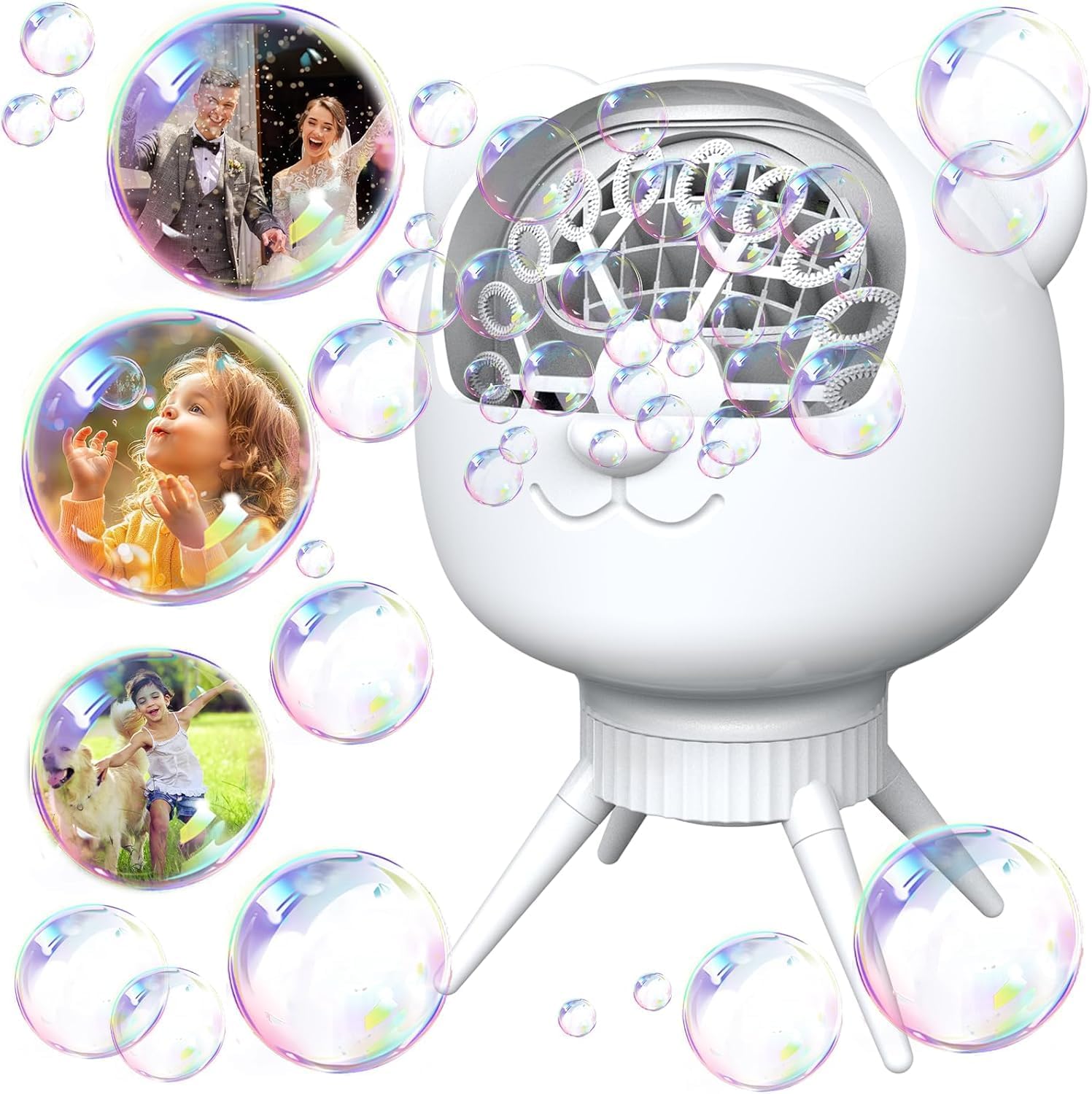 Máquina automática de burbujas de jabón, 30.000 + burbujas por minuto, para niños, 500 ml, rotación de 90°/180°, para bodas, cumpleaños, fiestas, color blanco