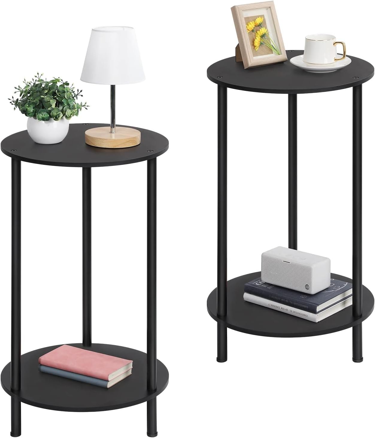 LIANTRAL Mesa de centro redonda, juego de 2, mesa auxiliar con 2 estantes, mesa redonda pequeña, mesa de salón, mesita de noche, mesa para teléfono, para salón, dormitorio, MDF y metal, negra