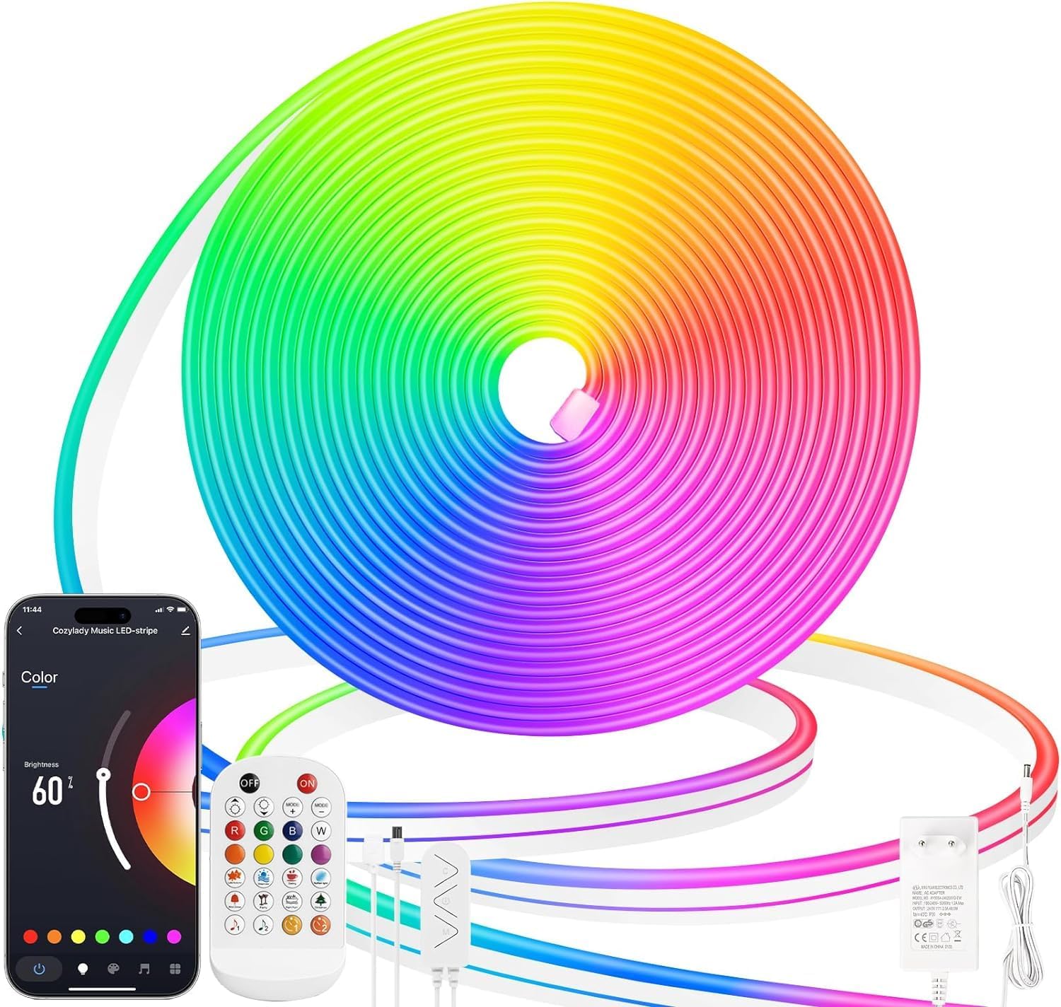 -Tira de luces LED de neón RGB Lamomo de 5 m, IP65, impermeable, flexible, compatible con Bluetooth, 12 V, regulable, para exteriores, control remoto de silicona, bricolaje [Clase energética D]
