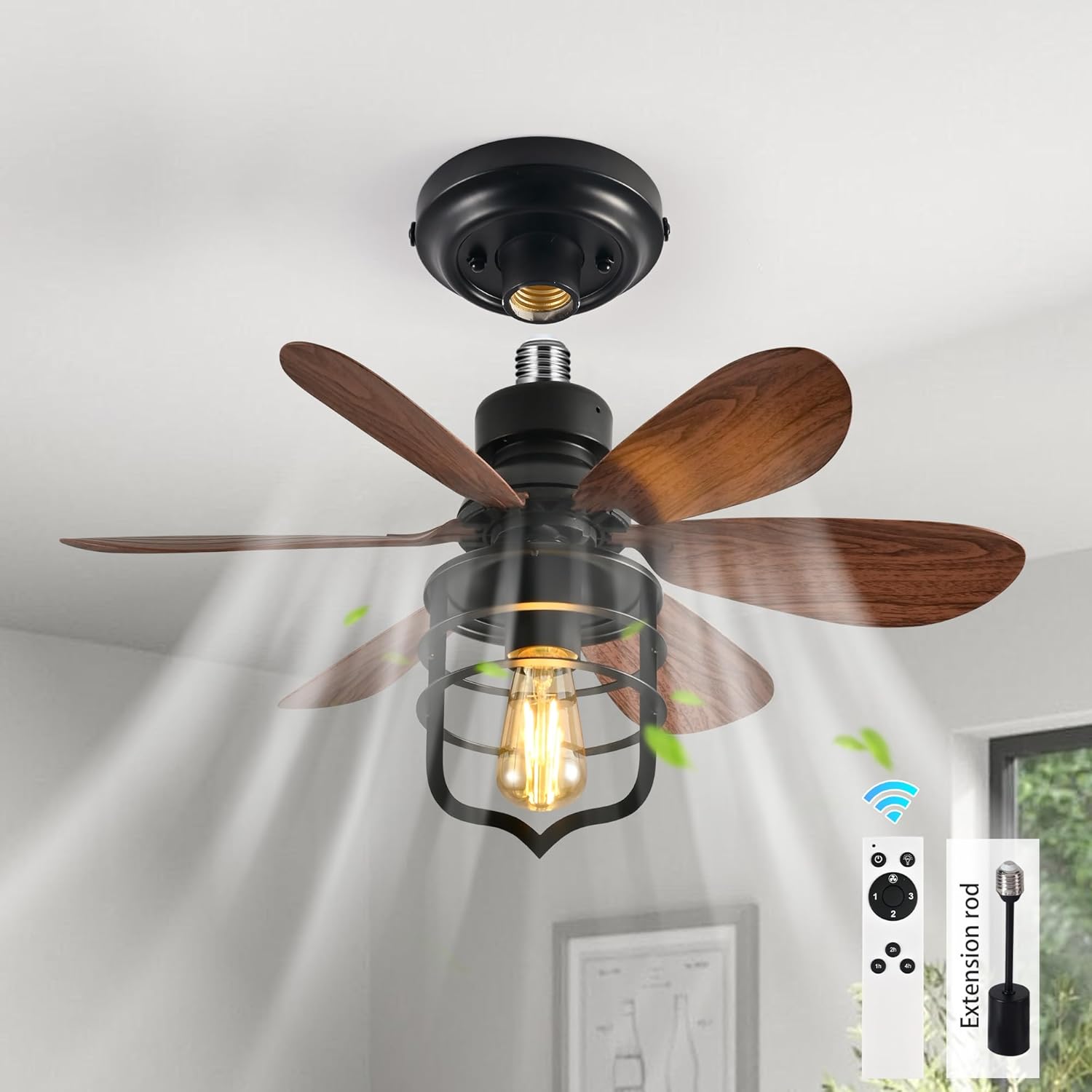 Ventilador de techo Ganeed con enchufe de rosca y control remoto E27, pequeño, para dormitorio, estilo rústico, industrial, lavandería, garaje, pasillo y vestíbulo, color negro.