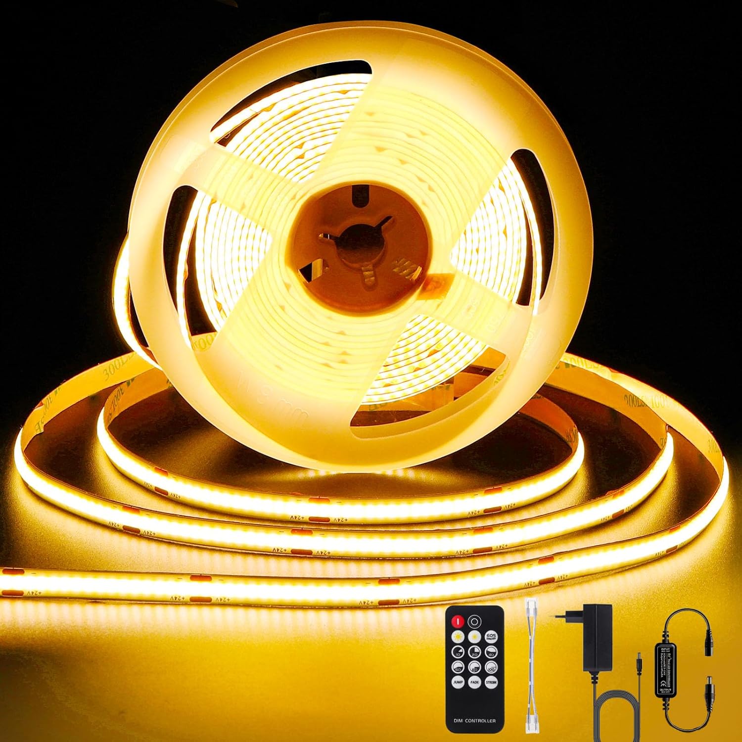 Tira LED COB ANTENLICHT de 10 m, blanco cálido 2700 K, 72 W, regulable con control remoto, CRI90+, 24 V, 8 mm de ancho, autoadhesiva, recortable para decoración del hogar e iluminación.