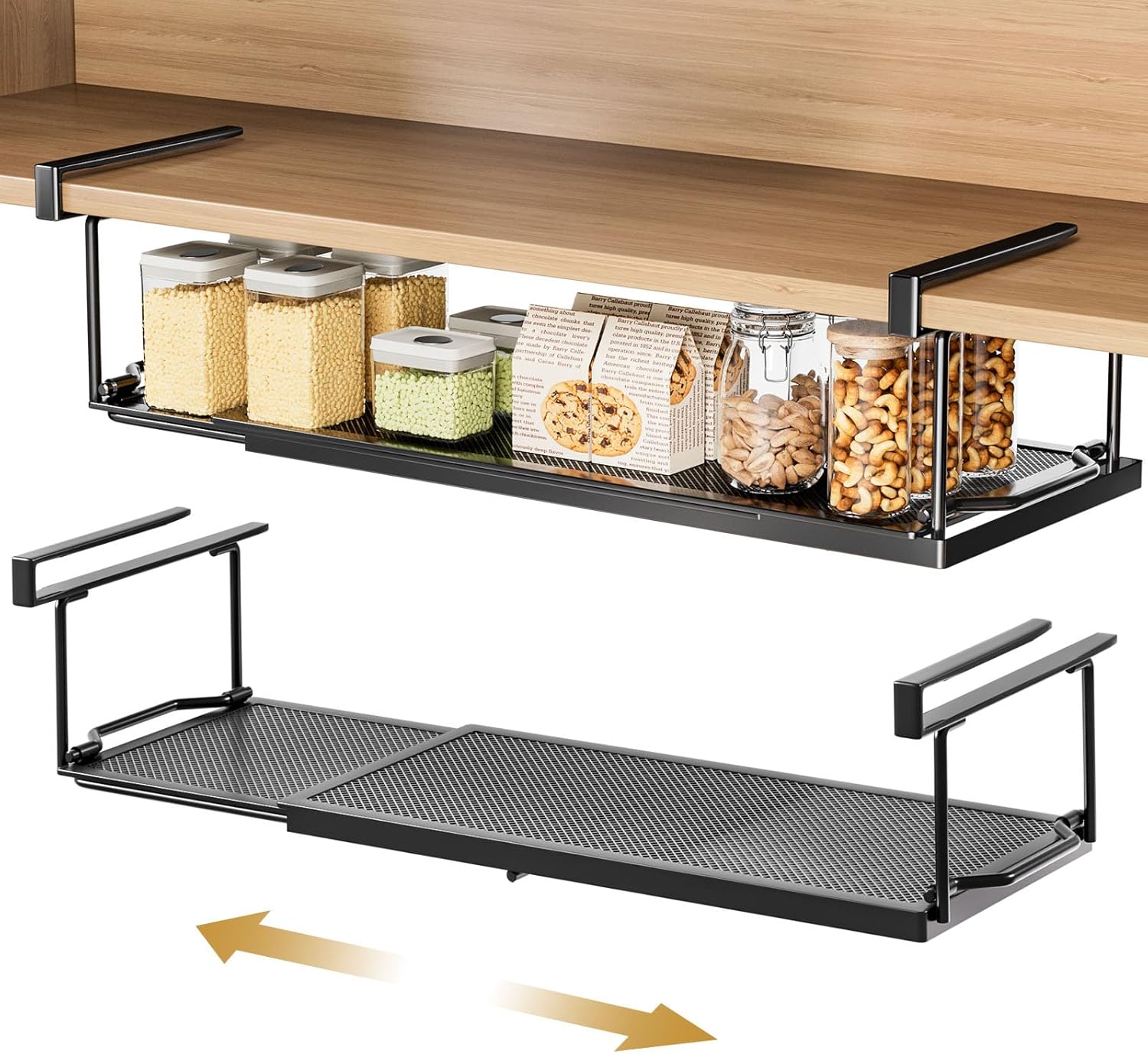 Cesta colgante Yorbay de 2 piezas para debajo de estantes, cesta colgante de metal, cesta de almacenamiento debajo de estantes, ajustable de 38 a 70 cm, cesta para armarios de cocina, armarios, zapateros y roperos (negro)