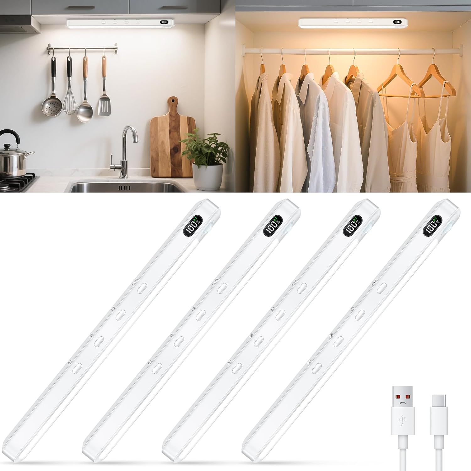 Lámpara LED de cocina WILLED para debajo de los gabinetes, 64 LED con sensor de movimiento, recargable por USB, 3 temperaturas de color, regulable (paquete de 4)