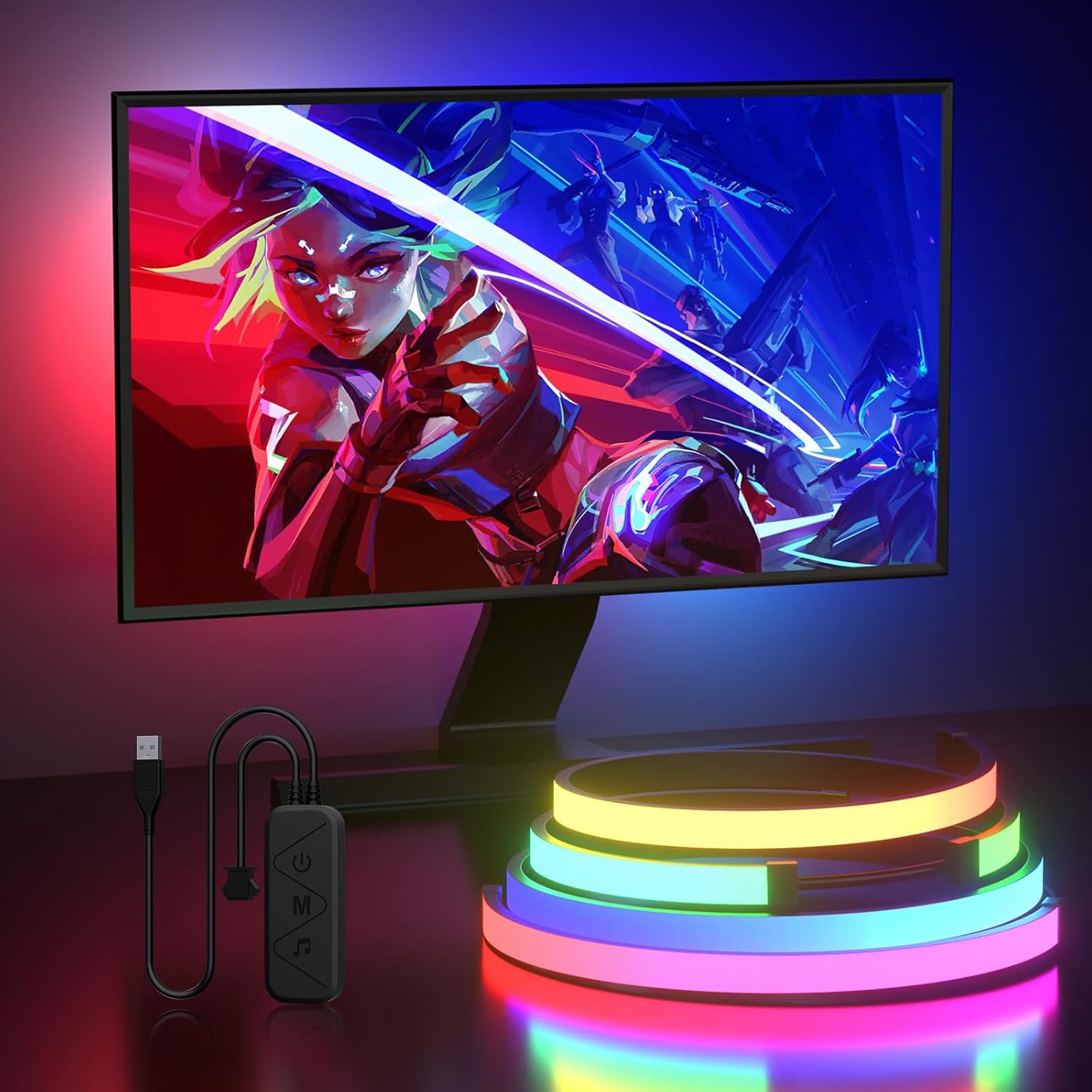 Retroiluminación del monitor de PC Lumtang de 4 lados de 24 a 27 pulgadas, tira de luz LED RGBIC sincronizada con el color de la pantalla y la música para juegos, películas, etc., fácil de usar sin cámara, controlado por software