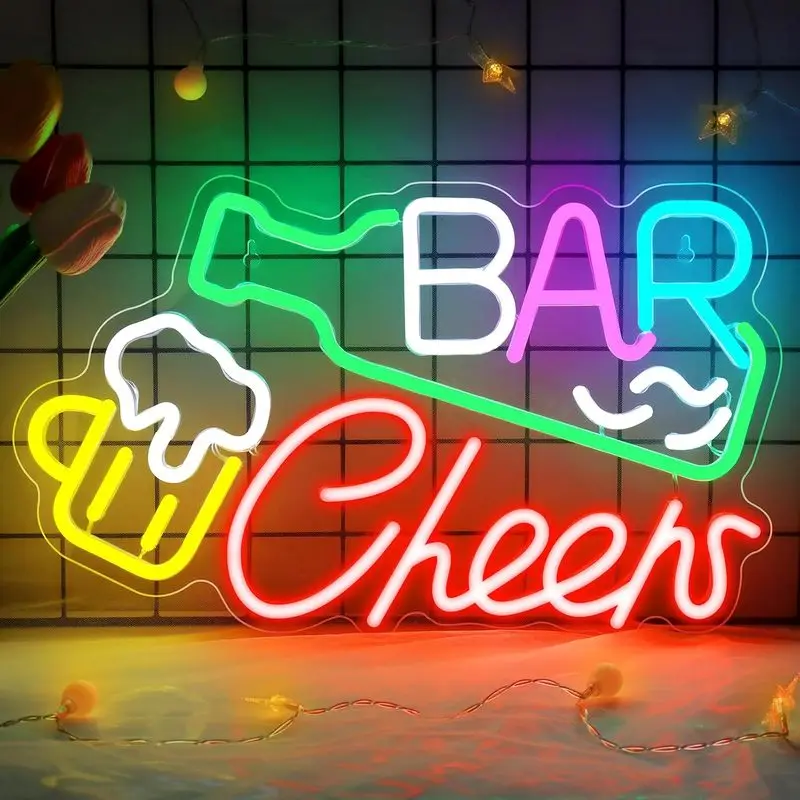 Letrero de neón Lxmoneon Bar Cheers, letrero de neón de cerveza, letrero de bar para decoración de pared, luz de neón LED de cerveza regulable por USB para negocios, sala de estar, club, pub, boda, cumpleaños, fiesta