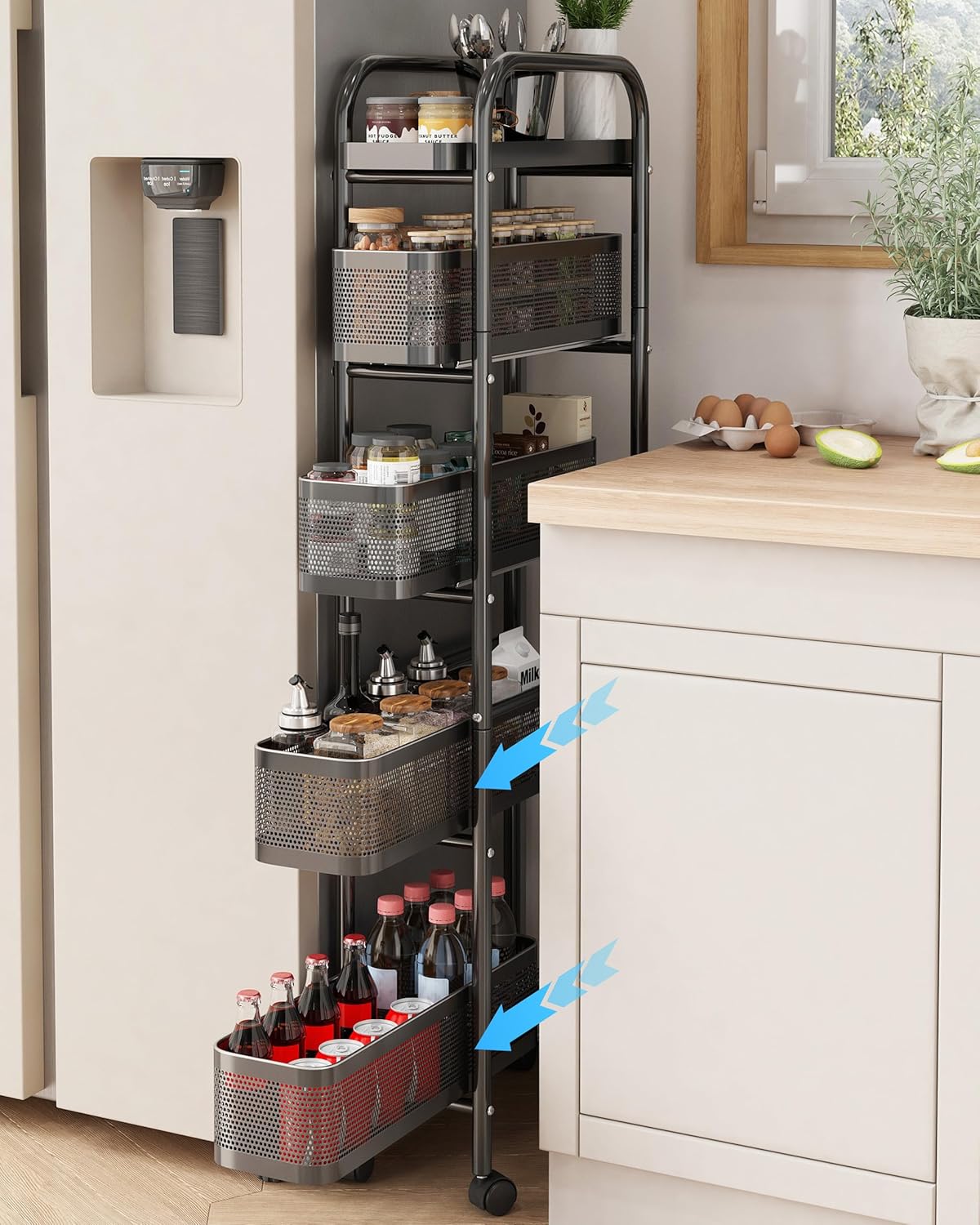 Carrito de cocina estrecho UMDONX, carrito de almacenamiento con cajones extraíbles, 5 niveles, carrito metálico con ruedas, carrito para nichos, carrito de servicio con ruedas para baño, cocina, sala de estar, balcón (negro)
