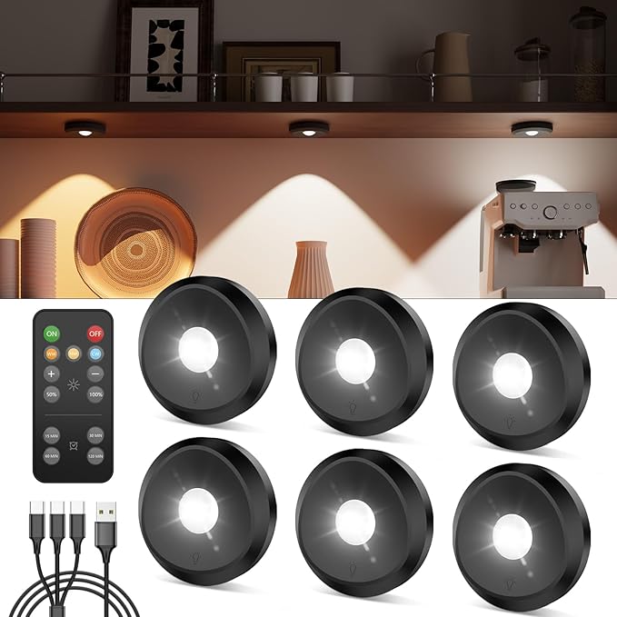 Iluminación LED inalámbrica RGB para vitrinas con control remoto, 13 colores, foco LED de 2400 mAh, luz recargable por USB para debajo de los gabinetes de cocina, redonda, con temporizador, luz magnética para gabinetes, iluminación para estantes y vitrinas. 6 unidades
