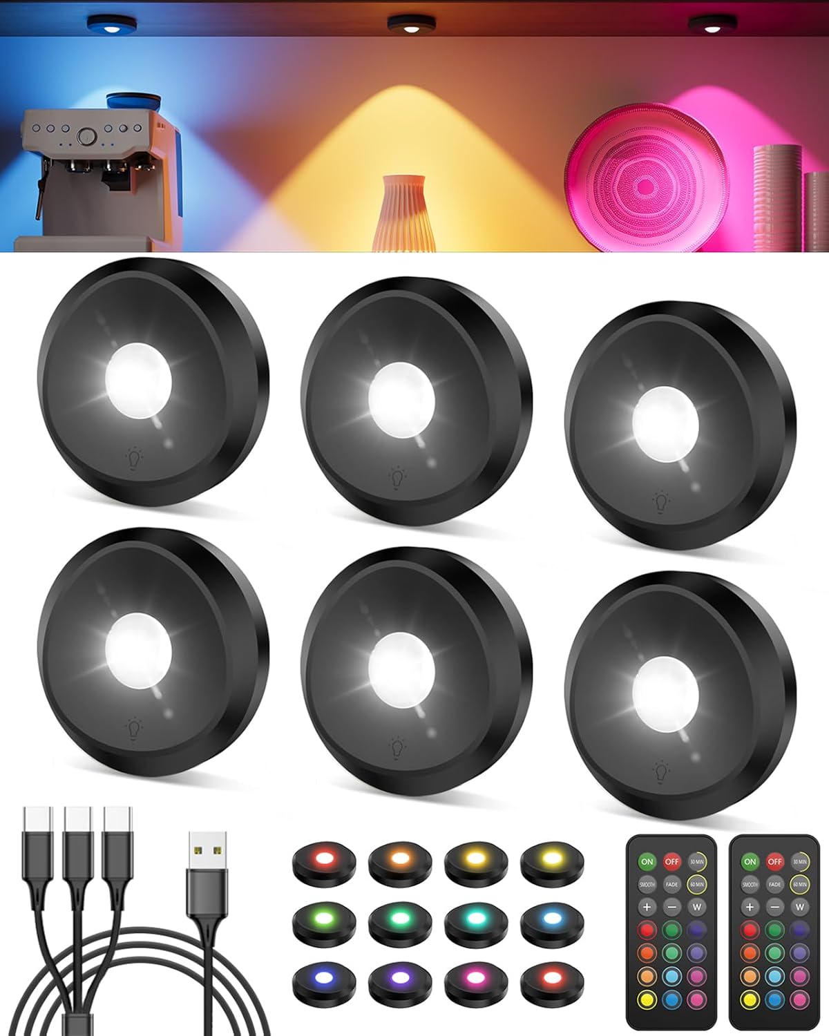 Iluminación LED inalámbrica RGB para vitrinas con control remoto, 13 colores, foco LED de 2400 mAh, luz recargable por USB para debajo de los gabinetes de cocina, redonda, con temporizador, luz magnética para gabinetes, iluminación para estantes y vitrinas. 6 unidades