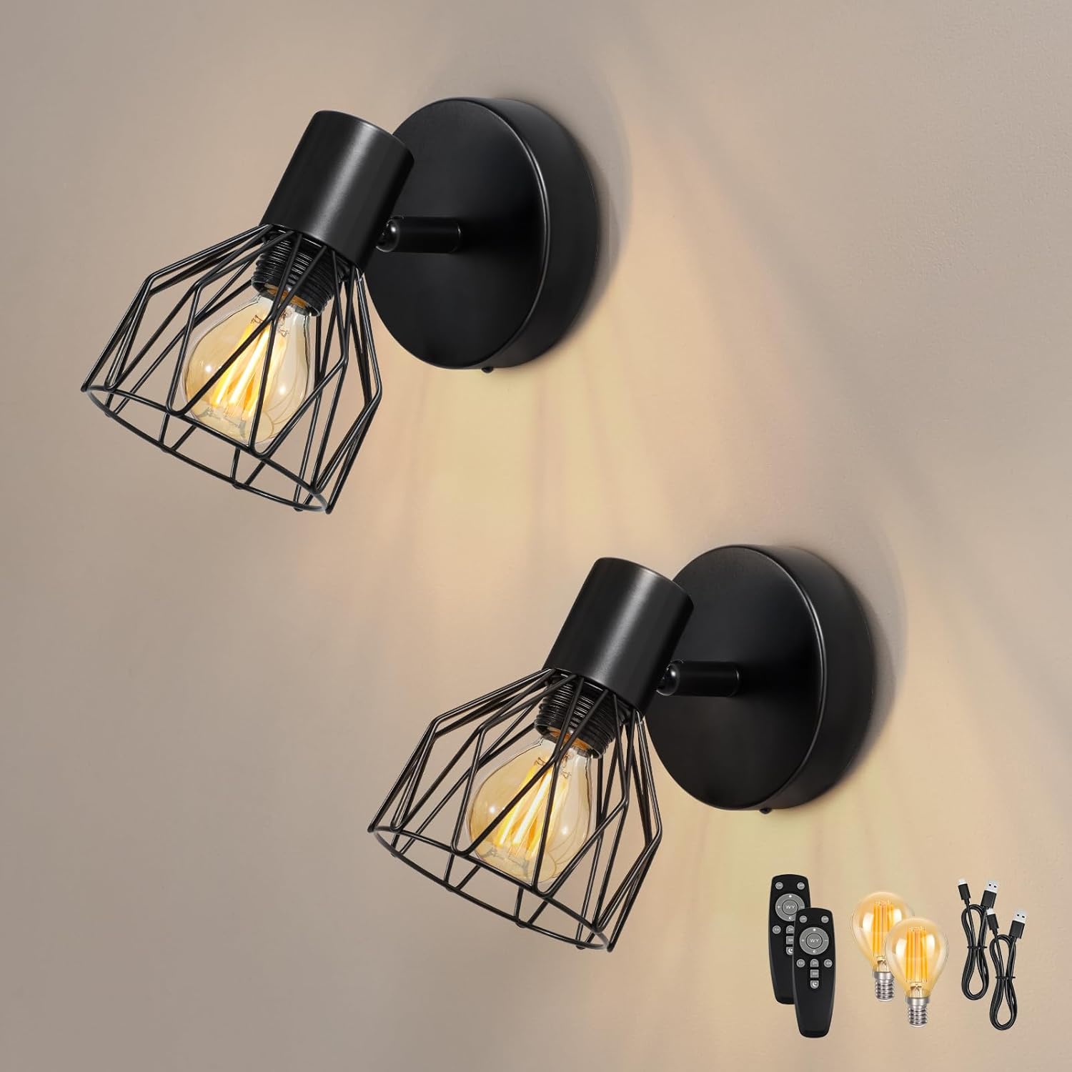 Apliques de pared para interior Dehobo (paquete de 2), retro, recargables con batería, bombillas E14, regulables, 3 colores de luz y mando a distancia para salón, dormitorio, pasillo, balcón y escalera.