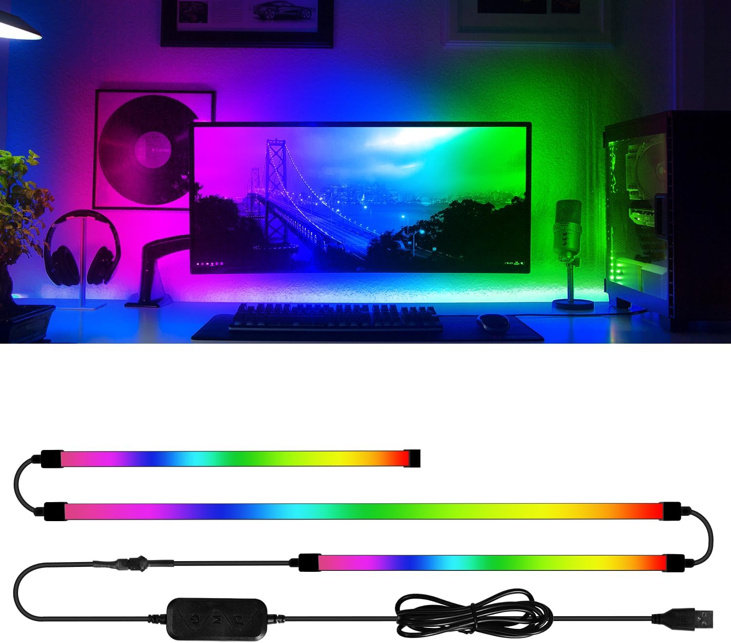 Retroiluminación del monitor RGBIC Monitor de computadora de 34 pulgadas Luz para juegos Sincronización de pantalla inteligente Compatible con Windows y Mac-os USB 5V (3 lados)