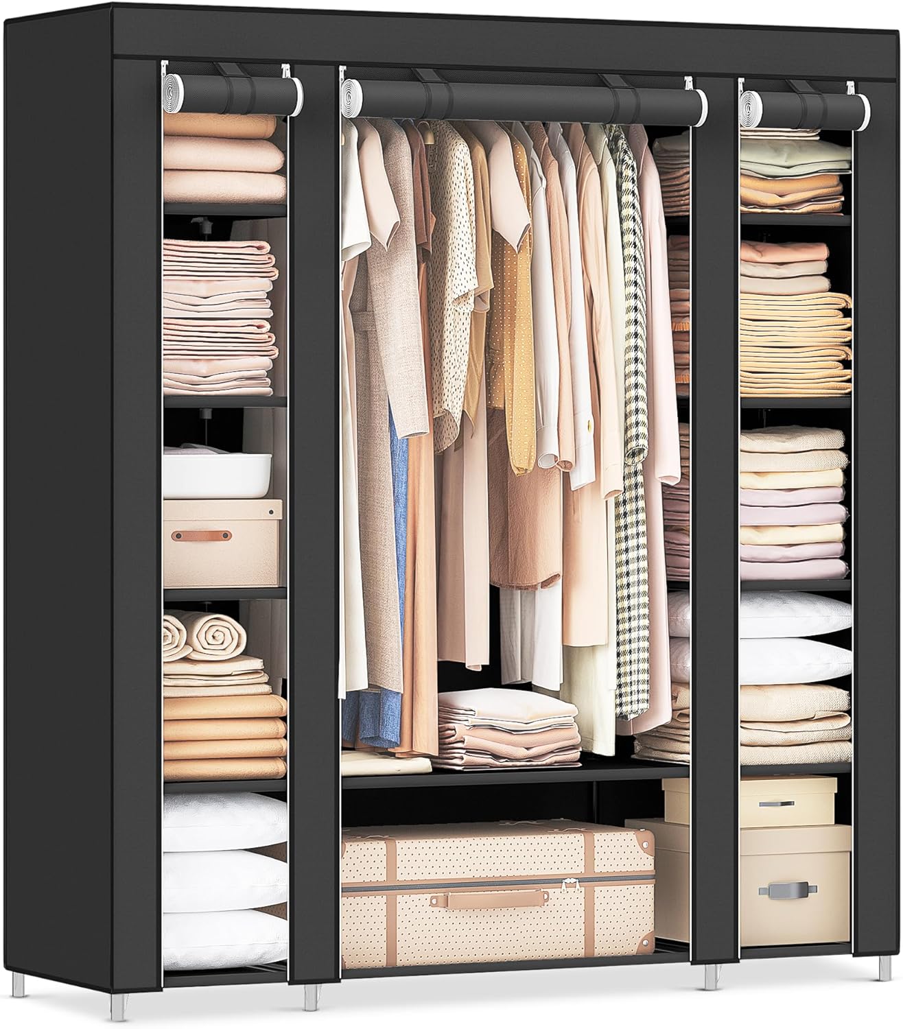 SONGMICS Armario Portátil, Armario Plegable, Organizador de Ropa con Rieles para Colgar, Estantes, Cubierta de Tela, para el Dormitorio 150 x 45 x 175 cm, Negro LSF03H