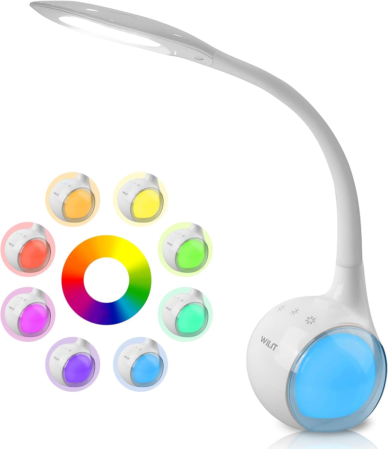 WILIT T3 Lampara LED Escritorio Infantil, Luz Flexo Led Escritorio Niños para Estudiar Lectura con Luz Nocturna de Color, Lámpara de Mesa Tactil 3 Niveles de Brillo, Blanco