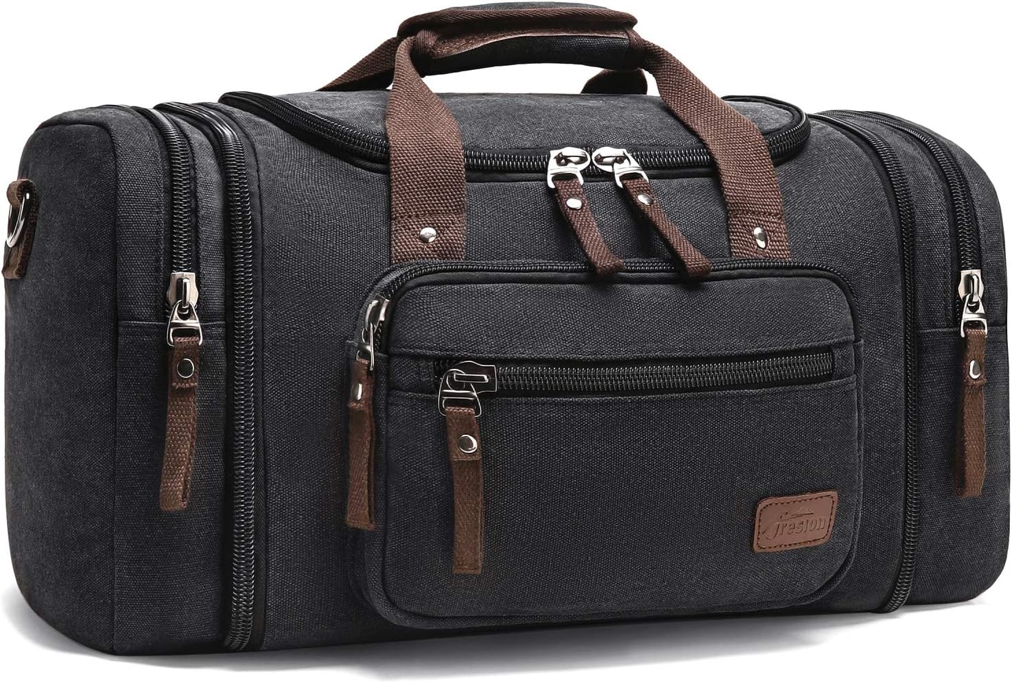 Bolsas de viaje de lienzo de Fresion, tira de hombro a gran escala andrajena para hombres de fin de semana de fin de semana para mujeres Bolsa de viaje con 2 bolsillos para extensiones (negros)