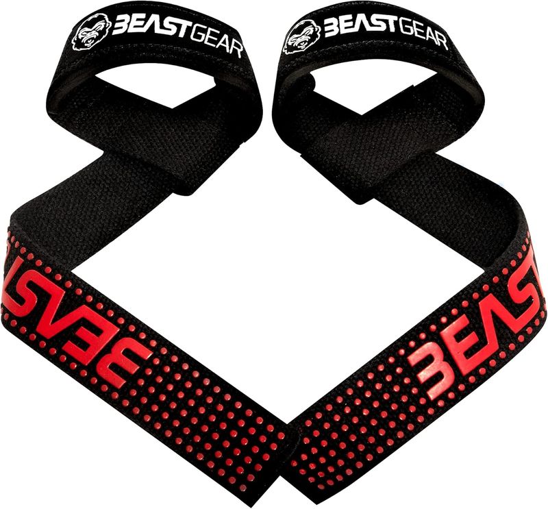 Beast Gear muñequeras gimnasio correas antideslizantes para gym o straps para fitness y ejercicio de levantamiento de pesas en gimnasio, en algodón y neopreno color negro y rojo